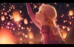  1girl bangs blonde_hair blurry bokeh braid breasts commentary depth_of_field disney dress flower from_side hair_flower hair_ornament juliet_sleeves lamp lantern letterboxed lights lium long_hair long_sleeves looking_up medium_breasts night open_mouth outdoors paper_lantern pink_dress pink_flower profile puffy_sleeves rapunzel_(disney) smile solo upper_body very_long_hair yellow_flower 