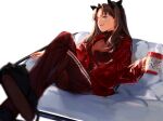  black_hair blue_eyes coffee coffee_cup coffee_mug couch cup disposable_cup fate/stay_night fate_(series) highres jacket long_hair long_legs long_sleeves mug one_eye_closed red_jacket slippers tohsaka_rin twintails two_side_up ubwmitekure white_background 