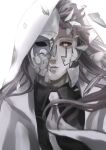  1boy absurdres abyss_razor black_shirt brown_hair facial_mark highres hood long_hair looking_at_viewer male_focus mashle mask necktie ranran_art red_sclera shirt simple_background solo upper_body white_background white_hood 