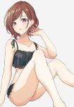  1girl :o absurdres bare_shoulders bikini black_bikini blush brown_hair collarbone grey_background highres higuchi_madoka idolmaster idolmaster_shiny_colors looking_at_viewer midriff mole mole_under_eye short_hair simple_background sitting solo swimsuit tomatology3 violet_eyes 