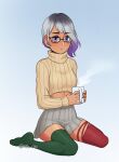  1girl :o absurdres bangs beige_sweater black-framed_eyewear blue_eyes commentary cup glasses gradient gradient_background green_legwear grey_background grey_skirt highres holding holding_cup long_sleeves looking_at_viewer midriff mismatched_legwear no_shoes original pleated_skirt red_legwear ribbed_sweater rob_ishi short_hair sitting skirt solo sweater tan thigh-highs turtleneck wariza zettai_ryouiki 