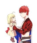  1boy 1girl age_difference ahoge appleale19 artoria_pendragon_(all) blonde_hair emiya_shirou eye_contact fate/grand_order fate/stay_night fate_(series) full_body green_eyes hand_on_own_chin holding holding_person igote korean_commentary limited/zero_over looking_at_another redhead saber sengo_muramasa_(fate) simple_background size_difference upper_body white_background yellow_eyes younger 