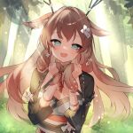  1girl animal_ears bangs black_kimono blue_eyes breasts brown_hair bush commission dappled_sunlight deer_antlers deer_ears flower forest hair_flower hair_ornament holding holding_hair indie_virtual_youtuber japanese_clothes kimono lion2610 long_hair looking_at_viewer lunia_(vtuber) nature open_mouth ribbon skeb_commission smile solo sunlight tree white_flower 