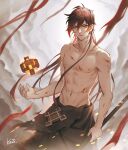  1boy abs bangs black_hair blood blood_stain bloody_hands bloody_weapon brown_hair cloud_background clouds cloudy_sky collarbone floating floating_object genshin_impact hair_between_eyes highres injury jewelry kezi long_hair looking_at_viewer male_focus multicolored_hair navel open_mouth rock shirtless single_earring skirt sky solo topless weapon yellow_eyes zhongli_(genshin_impact) 