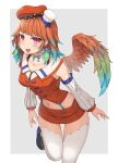  1girl bangs bow bow_choker chef_hat choker collarbone detached_sleeves eyebrows_visible_through_hair gradient gradient_hair gradient_wings green_bow green_choker green_hair green_wings hat highres hololive hololive_english leg_up looking_at_viewer multicolored multicolored_hair multicolored_wings navel nukoz open_hands open_mouth orange_hair orange_skirt orange_wings phoenix_wings skirt solo takanashi_kiara thigh-highs virtual_youtuber wings 