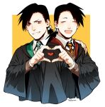  2boys ^_^ black_hair bow cang_fade closed_eyes crossover dual_persona fullmetal_alchemist greed_(fma) gryffindor hair_bow hand_on_shoulder harry_potter heart heart_hands heart_hands_duo highres hogwarts_school_uniform ling_yao long_hair male_focus multiple_boys necktie ponytail red_eyes school_uniform slytherin 
