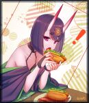  ! 1girl absurdres bangs bare_shoulders bob_cut breasts bridal_gauntlets collarbone cup eating eyeliner fate/grand_order fate_(series) headpiece highres horns hot_dog japanese_clothes kimono long_sleeves looking_at_viewer makeup off_shoulder oni oni_horns open_mouth plate purple_hair purple_kimono revealing_clothes sawarineko short_hair shuten_douji_(fate/grand_order) skin-covered_horns small_breasts violet_eyes wide_sleeves 