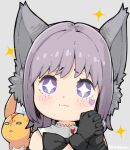  +_+ 1girl animal_ear_fluff animal_ears bangs bare_shoulders black_bow black_gloves blush bow cat_ears chibi closed_mouth eyebrows_visible_through_hair final_fantasy final_fantasy_xiv gloves grey_background hands_clasped hands_up haruken miqo&#039;te own_hands_together portrait purple_hair simple_background solo_focus sparkle violet_eyes 
