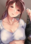  1girl bangs black_bra blush bra bra_removed breasts brown_eyes brown_hair collarbone covered_nipples highres idolmaster idolmaster_cinderella_girls large_breasts long_hair long_sleeves looking_at_viewer mifune_miyu open_mouth ponytail sg_(esujii) shirt sidelocks smile swept_bangs underwear white_shirt 