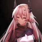 1girl arknights bangs black_background commentary_request eyebrows_visible_through_hair hair_between_eyes high_collar highres horns long_hair minuo pink_eyes pink_hair shirt solo theresa_(arknights) upper_body 