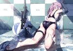  1girl against_wall angled_foregrip ar-15 armband ass back_cutout ball beachball clothing_cutout competition_swimsuit flip-flops from_behind full_body girls_frontline gun hand_on_wall highres holster kneeling knife looking_at_viewer mishima_hiroji multicolored_hair one-piece_swimsuit pink_hair ponytail puddle rifle sandals scope solo st_ar-15_(girls_frontline) streaked_hair suppressor swimsuit thigh_holster thigh_strap thighs weapon 