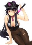  1girl absurdres between_breasts black_gloves black_hair black_panties breasts fate/grand_order fate_(series) gloves hat highres large_breasts long_hair multicolored_hair necktie necktie_between_breasts panties panties_over_pantyhose pantyhose pink_hair pink_neckwear police police_hat police_uniform policewoman sesshouin_kiara sesshouin_kiara_(swimsuit_mooncancer)_(fate) streaked_hair torn_clothes torn_legwear traffic_baton underwear uniform ur-8 yellow_eyes 