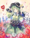  1girl black_headwear closed_eyes dress flower green_dress green_hair highres komeiji_koishi open_mouth red_heart rose short_hair smile touhou uwazumi 