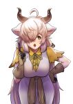  1girl :o absurdres ahoge animal_ears bangs blonde_hair breasts brown_eyes commentary_request gloves hair_over_one_eye hand_on_hip highres horns index_finger_raised kemono_friends korean_commentary large_breasts leaning_forward long_hair looking_at_viewer ox_ears ox_girl ox_horns roonhee simple_background solo very_long_hair white_background yak_(kemono_friends) 