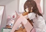  1girl :t alarm_clock alternate_costume ankimo_(tokino_sora) bare_legs blue_eyes blush brown_hair casual cellphone clock commentary day from_side hair_between_eyes hair_ornament_removed highres holding holding_phone hololive indoors kase_(kurimuzone_oruta) long_hair morning nintendo_switch phone pink_shorts pout profile shirt short_shorts short_sleeves shorts sitting sleepwear sleepy smartphone solo stuffed_animal stuffed_toy teddy_bear tokino_sora virtual_youtuber white_shirt window 