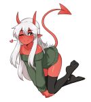  1girl ;) artist_name bangs bare_shoulders black_legwear blush closed_mouth collarbone colored_skin commentary demon_girl demon_horns demon_tail full_body green_sweater grey_hair hair_between_eyes hands_on_own_knees heart highres horns li_(rob_ishi) long_hair long_sleeves looking_at_viewer no_shoes off-shoulder_sweater off_shoulder one_eye_closed original pointy_ears red_skin rob_ishi simple_background skin-covered_horns skindentation smile solo sweater tail thigh-highs 