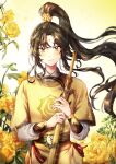  1boy bangs brown_eyes facial_mark flower forehead_mark highres jin_ling long_hair long_sleeves looking_at_viewer male_focus mo_dao_zu_shi outdoors parted_bangs ponytail solo sr_illust standing upper_body yellow_flower 