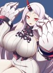  1girl abyssal_ship breasts gauntlets highres horns huge_breasts kantai_collection long_hair pale_skin red_eyes seaport_princess sideboob single_horn solo very_long_hair white_hair xialu_zajin 