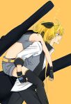  1boy 1girl black_bow black_gloves black_star_(module) blonde_hair blue_eyes blue_moon_(module) bow carrying commentary crop_top fingerless_gloves from_side gloves grey_shirt grey_shorts grey_vest hair_bow hair_ornament hairclip highres instrument_case kagamine_len kagamine_rin necktie nnnnn_nobu open_mouth piggyback project_diva_(series) shirt short_shorts shorts sleeping sweat vest vocaloid walking white_shirt yellow_bow yellow_neckwear zzz 
