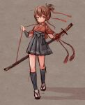  1girl alternate_costume black_hakama brown_eyes brown_hair commentary_request folded_ponytail full_body grey_background hakama highres inazuma_(kantai_collection) japanese_clothes kantai_collection kneehighs long_hair looking_at_viewer sandals simple_background solo standing sword weapon wss_(nicoseiga19993411) 