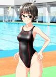  1girl absurdres black_hair black_swimsuit breasts collarbone competition_swimsuit contrapposto cowboy_shot glasses green_eyes groin highleg highleg_swimsuit highres lifeguard_chair looking_at_viewer medium_breasts one-piece_swimsuit original pool short_hair solo standing swimsuit takafumi 