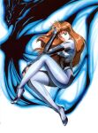  1980s_(style) 1girl bangs blue_eyes bodysuit breasts brown_hair dangaiou elbow_gloves fingerless_gloves from_side full_body gloves hand_on_own_head hand_on_own_leg highres hirano_toshihiro legs long_hair looking_ahead mia_alice non-web_source official_art parted_lips retro_artstyle scan shiny shiny_clothes skin_tight solo traditional_media very_long_hair 
