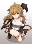  1girl ahoge amonitto animal_ears arknights black_footwear black_jacket breasts brown_eyes brown_hair brown_shorts collar collarbone commentary fur_trim gradient gradient_background hammer holding holding_hammer holding_weapon jacket kneeling large_breasts lion_ears lion_tail long_hair looking_at_viewer messy_hair mouth_hold off-shoulder_jacket one_knee shadow shorts siege_(arknights) simple_background solo tail tank_top weapon white_tank_top 