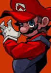  1boy blue_eyes brown_hair facial_hair gloves hair_behind_ear hat highres male_focus mario super_mario_bros. mustache omoti_sakamoto open_hand overalls red_background red_headwear shaded_face solo white_gloves 