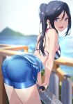  1girl :d absurdres ass bare_shoulders bikini bikini_top black_hair blurry blurry_background blush breasts depth_of_field from_side highres holding leaning_forward long_hair looking_at_viewer looking_to_the_side love_live! love_live!_sunshine!! matsuura_kanan medium_breasts ocean open_mouth oxygen_tank railing sideboob smile solo sparkle striped striped_bikini swimsuit thighs violet_eyes water_drop wet wet_clothes wet_hair yamaori_(yamaorimon) 