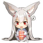  1girl :d absurdly_long_hair animal_ear_fluff animal_ears bangs barefoot chibi commentary_request eighth_note eyebrows_visible_through_hair fox_ears fox_girl fox_tail fringe_trim full_body grey_hair hair_between_eyes japanese_clothes kimono long_hair long_sleeves musical_note obi open_mouth original patches pink_scarf plaid plaid_scarf price_tag red_eyes sash scarf simple_background smile solo spoken_musical_note standing tail very_long_hair white_background white_kimono wide_sleeves yuuji_(yukimimi) 