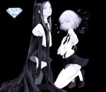  2others arm_at_side black_background black_eyes black_footwear black_hair black_legwear black_skirt bort character_name diamond_(houseki_no_kuni) elbow_gloves gloves highres houseki_no_kuni long_hair multiple_others pale_skin shirone_(coxo_ii) short_hair simple_background skirt sleeveless thigh-highs very_long_hair white_gloves white_hair white_legwear 