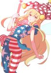  1girl absurdres american_flag_dress american_flag_legwear bare_arms blonde_hair breasts clownpiece commentary_request fairy_wings hat heart highres holding jester_cap kawayabug long_hair looking_at_viewer midriff neck_ruff pantyhose polka_dot red_eyes simple_background sleeveless small_breasts solo star_(symbol) striped torch touhou very_long_hair white_background wings 