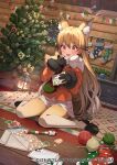  1girl animal_ears black_gloves bow bowtie brown_hair christmas christmas_lights christmas_ornaments christmas_tree coat commentary_request envelope ezo_red_fox_(kemono_friends) fox_ears fox_girl fox_tail fur_trim gloves gradient gradient_legwear joey_koguma kemono_friends kemono_friends_3 long_hair long_sleeves multicolored multicolored_clothes multicolored_hair multicolored_legwear necktie official_art orange_coat orange_hair orange_legwear orange_neckwear pantyhose pencil pleated_skirt sitting skirt solo tail wariza white_hair white_legwear white_neckwear white_skirt yarn 