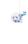  1girl :3 absurdres bangs blunt_bangs blush chibi eyebrows_visible_through_hair fish_tail fishing_hook fishing_line gawr_gura hanging highres hololive hololive_english klaius looking_at_viewer negative_space shark_tail silver_hair sleeves_past_fingers sleeves_past_wrists solo tail two_side_up v-shaped_eyebrows virtual_youtuber white_background 