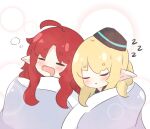  2girls :o ahoge arknights bangs black_headwear blanket blonde_hair blush closed_eyes commentary drooling durin_(arknights) english_commentary eyebrows_visible_through_hair hat kurotofu long_hair mini_hat mouth_drool multiple_girls myrtle_(arknights) open_mouth parted_bangs parted_lips pointy_ears redhead short_eyebrows sleeping thick_eyebrows zzz 