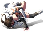  1girl bangs black_gloves black_skirt breakdance brown_eyes brown_hair elbow_gloves gloves hair_ornament highres kantai_collection kunai mouth_hold nmz_(namazu) remodel_(kantai_collection) scarf school_uniform sendai_(kantai_collection) serafuku short_hair skirt solo two_side_up weapon white_scarf 