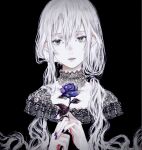  1girl black_background black_dress bleeding blood bloody_hands blue_flower blue_nails dress flower grey_eyes hair_between_eyes highres long_hair original pale_skin shirone_(coxo_ii) simple_background solo upper_body white_hair 