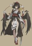  1girl bangs bare_legs bird_wings black_gloves black_hair black_ribbon black_wings bob_cut commentary_request detached_sleeves fan fingerless_gloves frown full_body geta glaive gloves hand_up hat hauchiwa holding holding_fan holding_polearm holding_weapon japanese_clothes kimono kourindou_tengu_costume leaf_fan looking_at_viewer obi pointy_ears polearm pom_pom_(clothes) red_eyes red_headwear red_sash ribbon ribbon-trimmed_sleeves ribbon_trim rion_(glayjirobass) sash shameimaru_aya short_hair sidelocks socks solo tabi tassel tengu tengu-geta tokin_hat touhou v-shaped_eyebrows weapon white_kimono white_legwear white_ribbon wide_sleeves wings yellow_background 