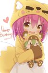  1girl :d animal_ear_fluff animal_ears ayanepuna bangs blush brown_eyes character_doll commentary dated dress eyebrows_visible_through_hair fake_animal_ears fox_ears fox_hat fox_tail green_hair hair_between_eyes happy_birthday heart highres hood hood_down hooded_jacket jacket looking_at_viewer object_hug open_mouth original purple_hair simple_background smile tail white_background white_dress yellow_headwear yellow_jacket 