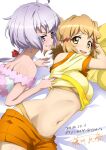  2girls ahoge bare_shoulders blonde_hair blush bra breasts eyebrows_visible_through_hair fujikawa_daichi hair_ornament hairclip large_breasts looking_at_another looking_at_viewer multiple_girls navel open_mouth panties senki_zesshou_symphogear shiny shiny_hair short_hair shoulder_blades simple_background smile tachibana_hibiki_(symphogear) underwear violet_eyes white_background white_hair yellow_bra yellow_eyes yellow_panties yukine_chris yuri 