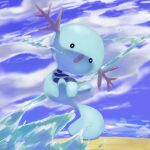  :o black_eyes blue_sky clouds cloudy_sky commentary creature english_commentary full_body gen_2_pokemon horns jumping looking_at_viewer no_humans outdoors pinkgermy pokemon pokemon_(creature) sand sky solo water wooper 