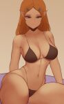  1girl absurdres beach beach_towel bikini biriyb black_bikini blonde_hair blue_eyes breasts commentary elf english_commentary expressionless hair_ornament highres long_hair looking_at_viewer medium_breasts navel pointy_ears princess_zelda sitting solo swimsuit the_legend_of_zelda the_legend_of_zelda:_breath_of_the_wild thick_thighs thighs towel 