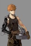  1boy black_tank_top crimo disembodied_limb emiya_shirou eyeball fate/stay_night fate_(series) gears gloves grey_background looking_at_viewer machinery orange_hair prosthesis prosthetic_arm simple_background solo tank_top tattoo tube upper_body yellow_eyes 