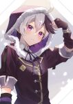  1girl coat commentary elbow_gloves expressionless flower_(vocaloid) fur-trimmed_hood fur_trim gloves hood hooded_coat looking_at_viewer multicolored_hair nanase_(nns_6077) purple_coat purple_hair short_hair short_sleeves solo streaked_hair v_flower_(vocaloid4) violet_eyes vocaloid white_background white_hair wrist_straps 