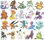  :d bear beautifly berry_(pokemon) black_eyes bug butterfly cat commentary dedenne english_commentary fangs flaaffy flower froslass gen_2_pokemon gen_3_pokemon gen_4_pokemon gen_5_pokemon gen_6_pokemon insect kirlia looking_at_viewer milotic one_eye_closed open_mouth pinap_berry pinkgermy pokemon pose rabbit scrafty simple_background smile standing standing_on_one_leg trubbish ursaring white_background 