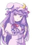  1girl :o absurdres bangs blue_ribbon blunt_bangs bow bowtie capelet commentary_request crescent crescent_moon_pin hair_ribbon hat hat_ribbon highres kame_(kamepan44231) long_hair mob_cap parted_lips patchouli_knowledge purple_hair red_bow red_neckwear red_ribbon ribbon simple_background solo touhou upper_body very_long_hair violet_eyes white_background 