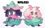  2boys chibi cloak colored_skin deltarune dual_persona gaito-san glasses green_headwear hat highres holding holding_clothes holding_hat male_focus multiple_boys no_hat no_headwear no_humans pink_scarf ralsei scarf shaded_face 