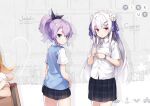  2girls azur_lane blue_cardigan braid cardigan character_name cygnet_(azur_lane) double_bun green_eyes hair_ribbon javelin_(azur_lane) long_hair looking_at_viewer looking_back miniskirt multiple_girls purple_hair red_eyes ribbon school_uniform senji_(tegone_spike) shirt short_sleeves skirt white_hair white_shirt 