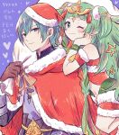  1boy 1girl armor bare_shoulders black_armor blue_background blush bow braid brown_gloves byleth_(fire_emblem) byleth_eisner_(male) byleth_eisner_(male) cape christmas christmas_ornaments closed_mouth commentary_request dress elf eyebrows_visible_through_hair fire_emblem fire_emblem:_three_houses fire_emblem:_three_houses fire_emblem_16 fire_emblem_heroes floating fur-trimmed_cape fur-trimmed_dress fur_trim gloves green_eyes green_hair green_ribbon hair_between_eyes hair_ornament hair_ribbon hat heart highres holding holding_sack human intelligent_systems long_hair looking_at_viewer manakete moe navel navel_cutout nintendo one_eye_closed pointy_ears red_bow red_cape red_dress red_ribbon ribbon ribbon_braid sack santa_costume santa_hat short_hair simple_background smile sothis_(fire_emblem) star_(symbol) tiara twin_braids yataba 