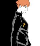  1boy bananachoco cross cross_necklace emiya_shirou fate/stay_night fate_(series) from_side jewelry kotomine_shirou_(fanfic) male_focus monochrome necklace orange_hair profile simple_background smile solo spot_color two-tone_background upper_body what_if yellow_eyes 